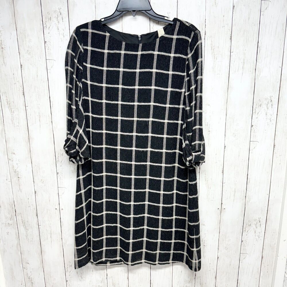 Amadi Dress Women PM Black White Checkered Plaid Boat Neck Bow Sleeve Tunic Tent